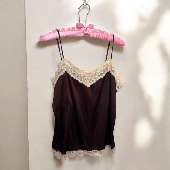 Elegant vintage Lace Trim Brown Camisole fairycore earthy artsy boho coquette L - Picture 1 of 6
